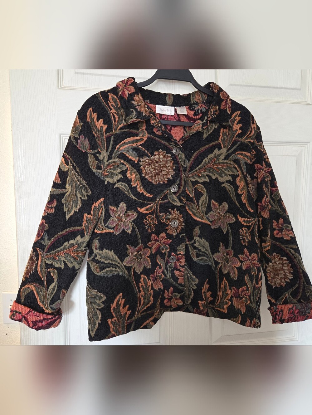 Women's Studio Works Floral Tapestry Button-Up Jacket in Black with Earth Tones